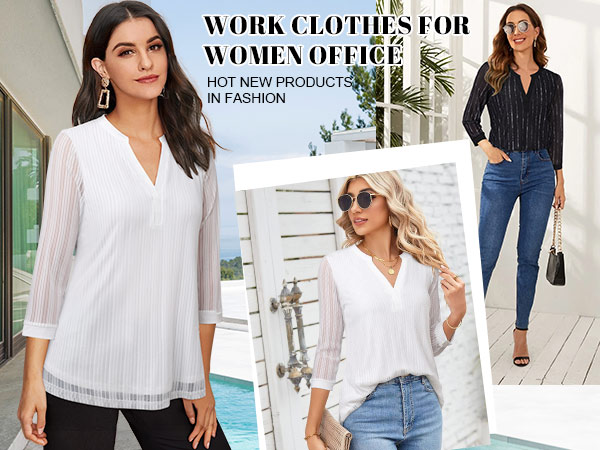 Timeson Women''s 3/4 Sleeve Blouses Casual V Neck Dress Shirts Double Layers Mesh Tunics Tops 