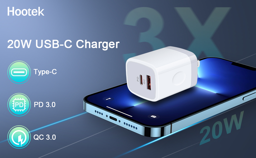 HOOTEK 20W PD & QC 3.0 Dual Port USB C Charger