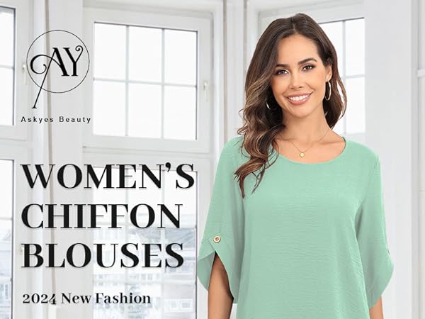 Askyes Women''s 2024 Summer Chiffon Blouses Bell Short Sleeve Tshirts Casual Loose Flowy Dressy 