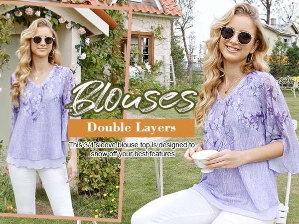 Timeson Women 3/4 Sleeve Tops and Blouses Double Layers V Neck Dressy Tunics Floral Mesh Shirts