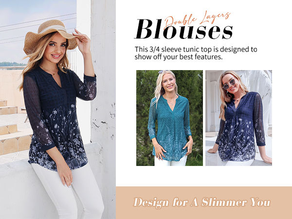 Womens 3/4 Sleeve Blouses Casual V Neck Dress Shirts Double Layers Mesh Tunics Tops