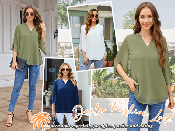 Timeson Women 3/4 Sleeve Chiffon Blouse Shirt V Neck Dressy Tunic Tops