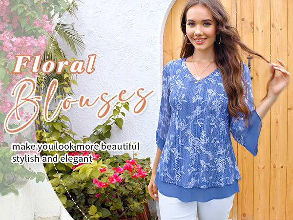 Timeson Women V Neck 3/4 Sleeve Tops and Blouses Floral Mesh Dressy Tunic Shirts