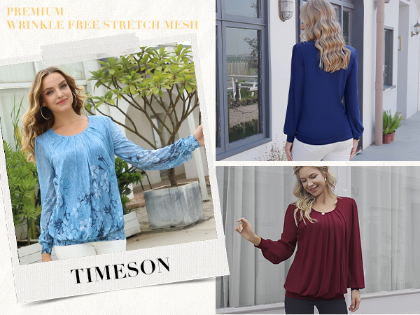 Long Sleeve Scoop Neck Pleated Front Fitted Blouse Tops