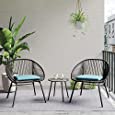 LAUSAINT Home 3 Piece Patio Bistro Set, Outdoor All Weather Wicker Conversation Chair Sets with Tempered Glass Top Table, Cushions Woven Rope Patio Furniture for Small Balcony/Garden/Backyard (Green)