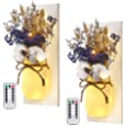 Mason Jar Sconces Wall Decor - Rustic Wall Sconces - Decorative Jars with Cotton Stems &amp; Baby Breath Flower with Remote Timer LED Fairy Lights for Kitchen Home Décor Living Room Wall Lights Set of 2