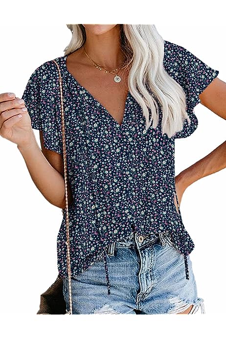 Women's Boho Tops Floral V Neck Short Sleeve Summer Blouse Shirts