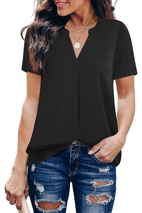 Women's V Neck Short Sleeve Curved Hem Sheer Chiffon Blouse Shirts Tops