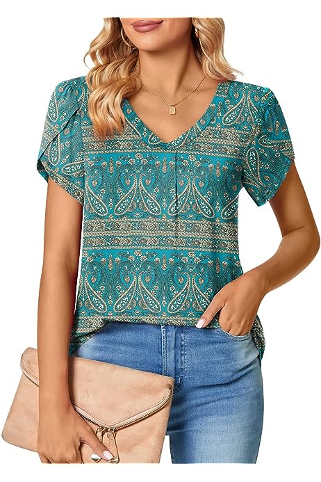 Women's Petal Sleeve Tops V Neck Short Sleeve Shirts Cute Summer Casual T-Shirts Loose Fit Blouses