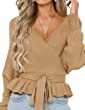 ZESICA Women's Wrap V Neck Long Batwing Sleeve Belted Waist Ruffle Knitted Sweater Pullover Top