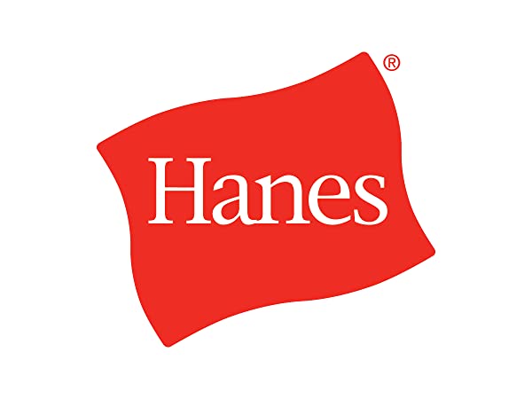 Hanes logo, white text with a red background